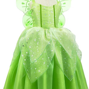 Disfraz de princesa de hadas para niños y niñas, con tirantes delgados, vestido largo verde con alas de mariposa, traje