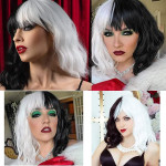 Peluca Blanco Negro -Cruella,  Mujer Sintetica Mitad Negra Mitad Blanca Cosplay Peluca Corta Bob Para Carnaval De Halloween Y Fiesta De Disfraces