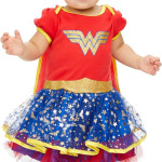 Disfraz de vestido tipo body de la Mujer Maravilla con tiara y capa para bebé niña