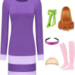 Disfraz de Daphne de Halloween para mujer, vestido de cosplay morado de manga larga