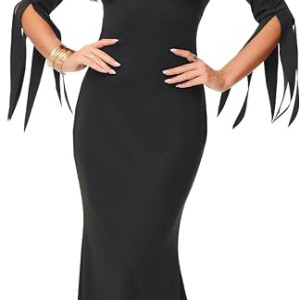 Disfraz de Morticia de Halloween para mujer, vestido largo ajustado con cuello en V