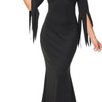 Disfraz de Morticia de Halloween para mujer, vestido largo ajustado con cuello en V