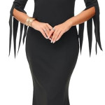 Disfraz de Morticia de Halloween para mujer, vestido largo ajustado con cuello en V