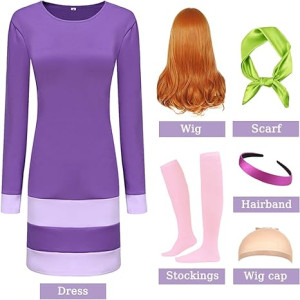 Disfraz de Daphne de Halloween para mujer, vestido de cosplay morado de manga larga