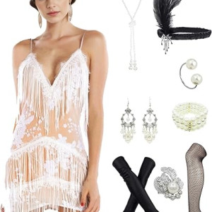 Vestidos de tirantes con flecos y borlas para mujer, sin mangas, estilo flapper bodycon con accesorios de los años 20